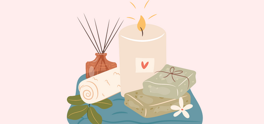 A beautifully packaged wellness gift bag surrounded by calming items like herbal tea, fuzzy socks, and a handwritten note.